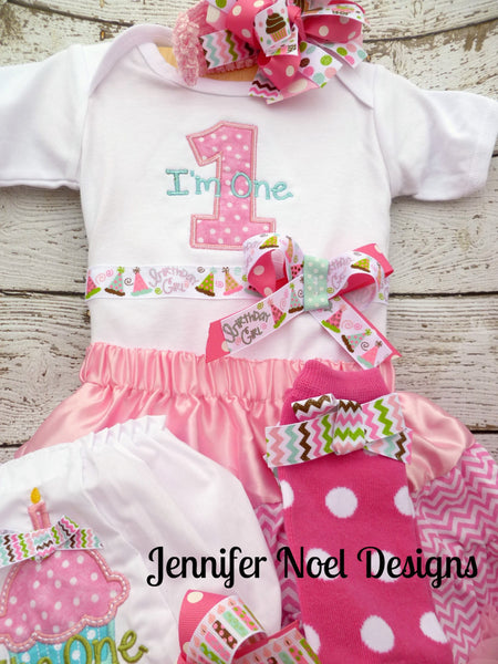 Girls First Birthday Outfit, Shirt or Onepiece, Bloomers,Tutu, Hairbow, Headband, and Baby Legs, long or short sleeves