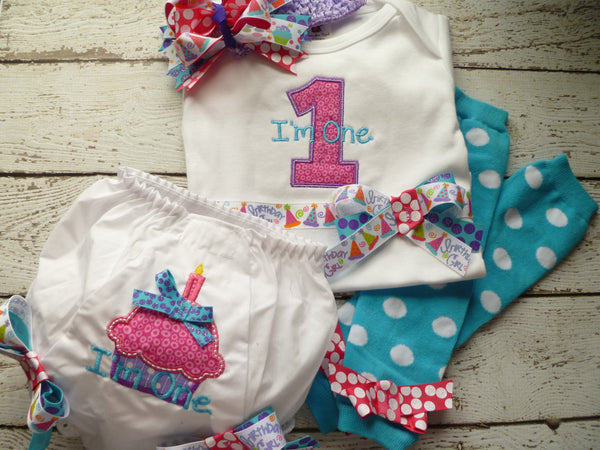 Girls First Birthday Outfit, Shirt or Onepiece, Bloomers, Hairbow, Headband, and Baby Legs, long or short sleeves