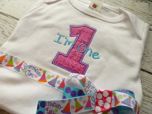 Girls First Birthday Outfit, Shirt or Onepiece, Bloomers, Hairbow, Headband, and Baby Legs, long or short sleeves