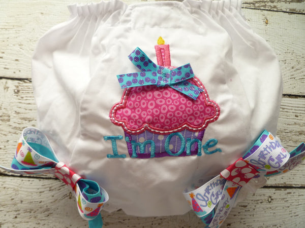 Cake Smash, Birthday Bloomers in pink, turquoise and purple