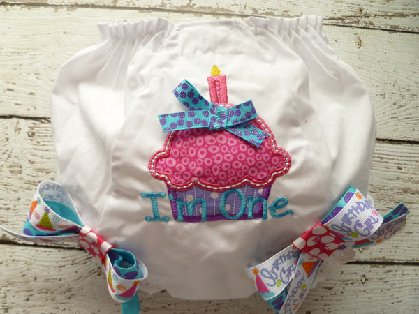 Cake Smash, Birthday Bloomers in pink, turquoise and purple