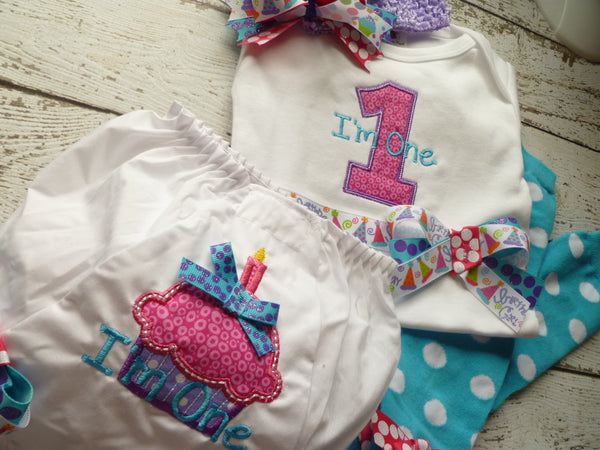 Girls First Birthday Outfit, Shirt or Onepiece, Bloomers, Hairbow, Headband, and Baby Legs, long or short sleeves