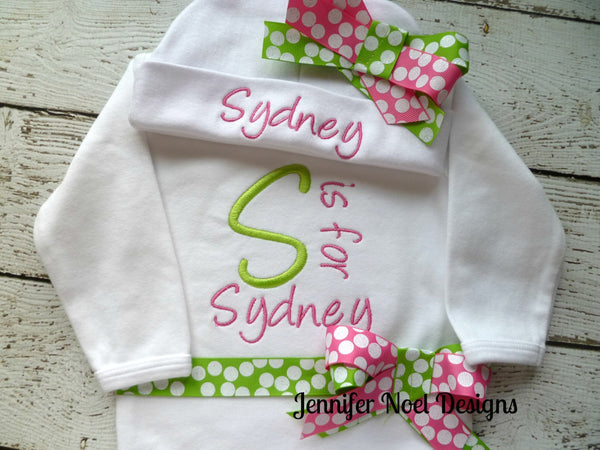 Personalized Coming Home Oufit, Take Home From Hospital Outfit, Layette Gown, or one piece and Hat Set, Girls Take Home outfit