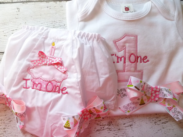 Girls First Birthday Outfit, Shirt or Onepiece, Bloomers, Hairbow, Headband, and Baby Legs, long or short sleeves