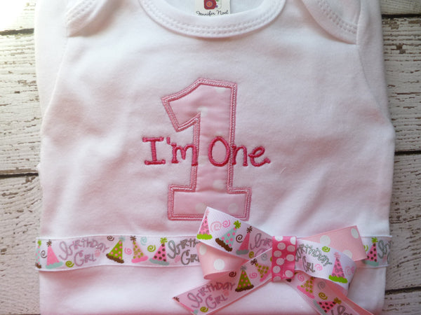 Girls First Birthday Outfit, Shirt or Onepiece, Bloomers, Hairbow, Headband, and Baby Legs, long or short sleeves