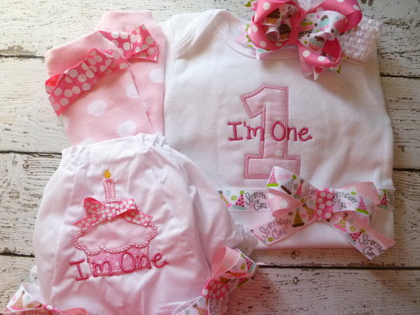 Girls First Birthday Outfit, Shirt or Onepiece, Bloomers, Hairbow, Headband, and Baby Legs, long or short sleeves
