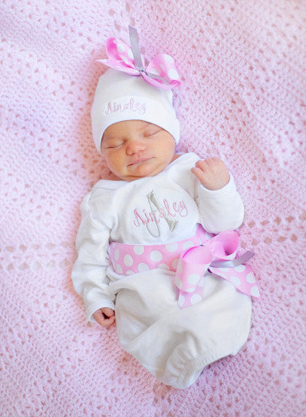 Personalized Coming Home Oufit, Take Home From Hospital Outfit, Layette Gown, or one piece and Hat Set, Girls Take Home outfit