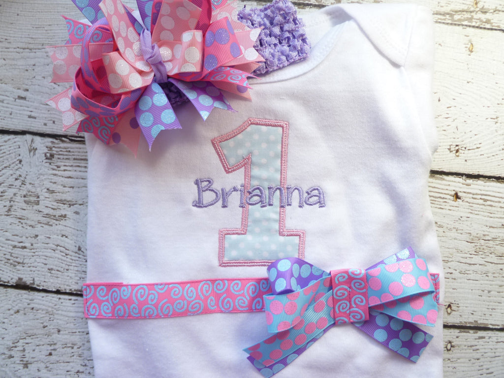 Personalized Birthday Shirt, Girls Cupcake shirt or one piece bodysuit and Headband/bow