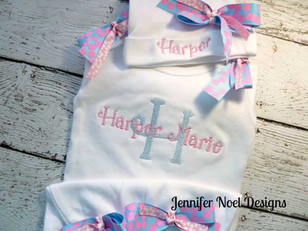 Personalized Coming Home Oufit, Take Home From Hospital Outfit, Layette Gown, or one piece and Hat Set, Girls Take Home outfit