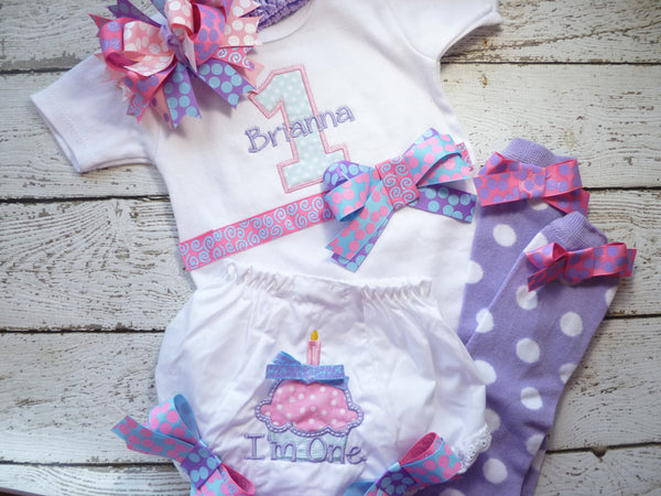 Girls First Birthday Outfit, Shirt or Onepiece, Bloomers, Hairbow, Headband, and Baby Legs, long or short sleeves