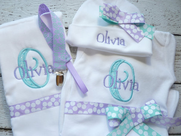 Personalized Coming Home Oufit, Take Home From Hospital Outfit, Layette Gown, or one piece and Hat Set, with burp cloth and pacifier clip