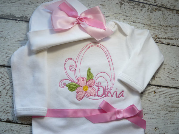 Personalized Coming Home Outfit, Take Home From Hospital Outfit, Layette Gown, or one piece with hat and legwarmers, roses satin pink