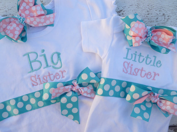 Sibling and Baby Girl Take Home set includes big and little sister outfits, and large bow bows/bands