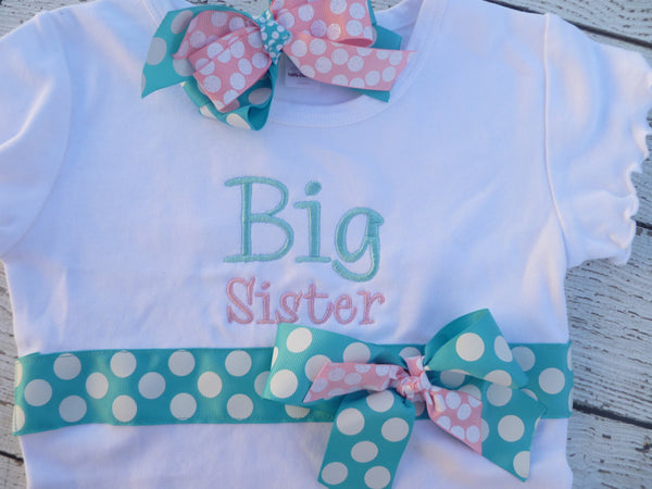 Sibling and Baby Girl Take Home set includes big and little sister outfits, and large bow bows/bands