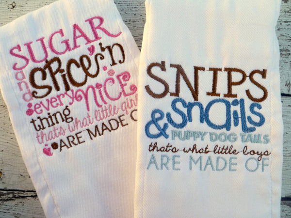 Burp Cloths for boys or girls, Personalized, Sugar and Spice and Snips and Snails, Newborn Gifts