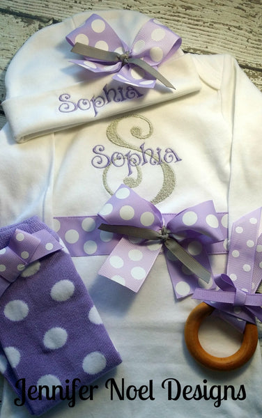 Personalized Coming Home Oufit, Girls Take Home From Hospital Outfit, Layette Gown, or one piece, Hat and teething ring Set,