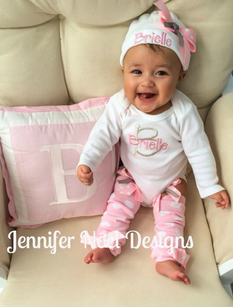 Personalized Coming Home Oufit, Take Home From Hospital set, Layette Gown, or one piece, leg warmers and Hat Set, Girls Take Home Outfit,