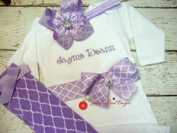 Personalized Coming Home Oufit, Girls Layette Gown, or one piece, legwarmers and Headband, Girls Baby Shower Christening