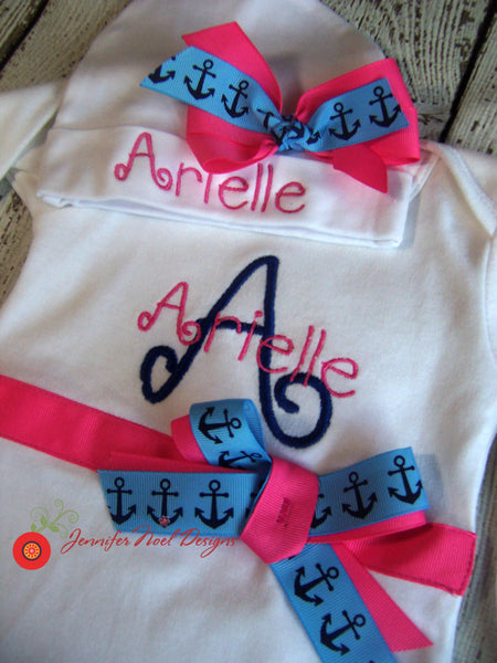 Personalized Take Home Oufit, layette gown or bodysuit and Headband, nautical anchor navy and pink