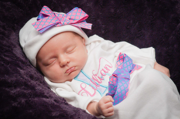 Personalized Coming Home Oufit, Take Home From Hospital Outfit, Layette Gown, or one piece and Hat Set, Girls Take Home outfit