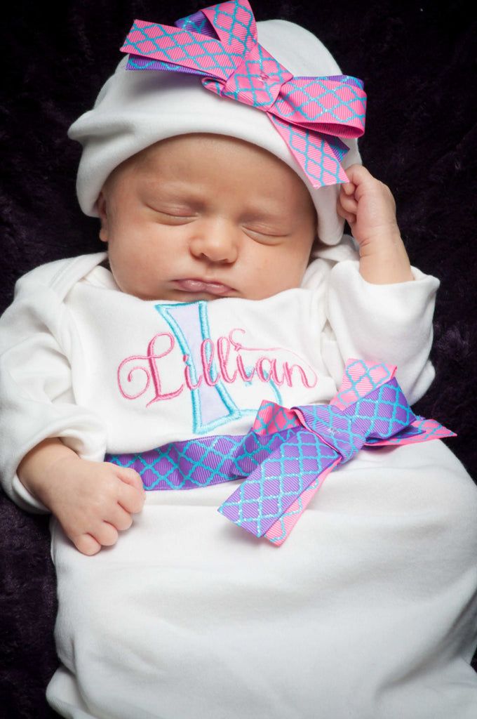 Personalized Coming Home Oufit, Take Home From Hospital Outfit, Layette Gown, or one piece and Hat Set, Girls Take Home outfit