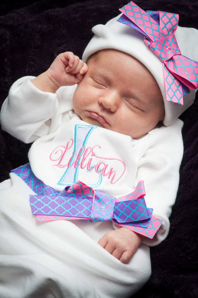 Personalized Coming Home Oufit, Take Home From Hospital Outfit, Layette Gown, or one piece and Hat Set, Girls Take Home outfit