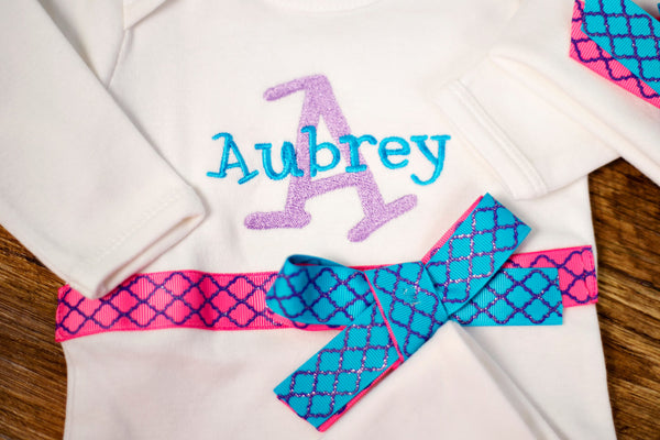 Personalized Coming Home Oufit, Take Home From Hospital Outfit, Layette Gown, or one piece and Hat Set, Girls Take Home outfit