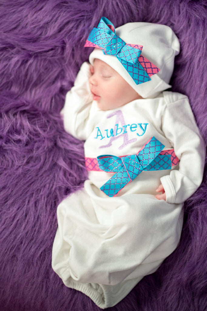 Personalized Coming Home Oufit, Take Home From Hospital Outfit, Layette Gown, or one piece and Hat Set, Girls Take Home outfit