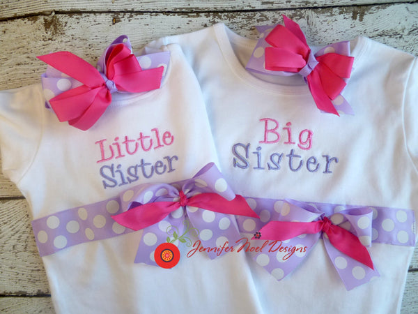 Sibling and Baby Girl Take Home set includes big and little sister outfits, and large bow bows/bands in coral and aqua