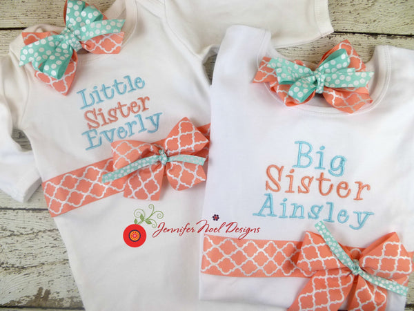 Sibling and Baby Girl Take Home set includes big and little sister outfits, and large bow bows/bands in coral and aqua