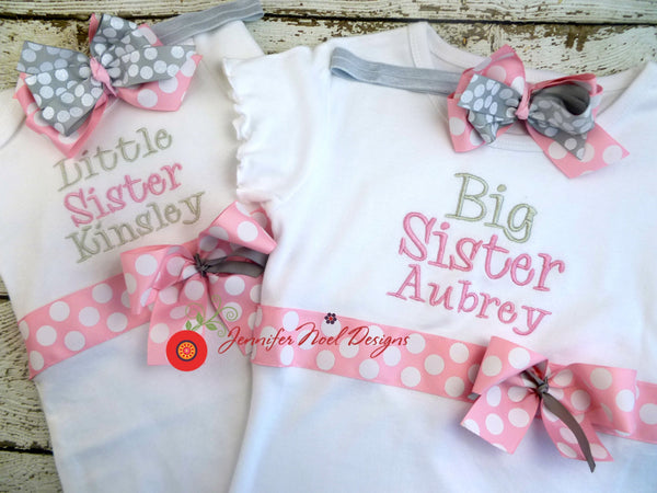 Sibling and Baby Girl Take Home set includes big and little sister outfits, and large bow bows/bands in Pink and Grey