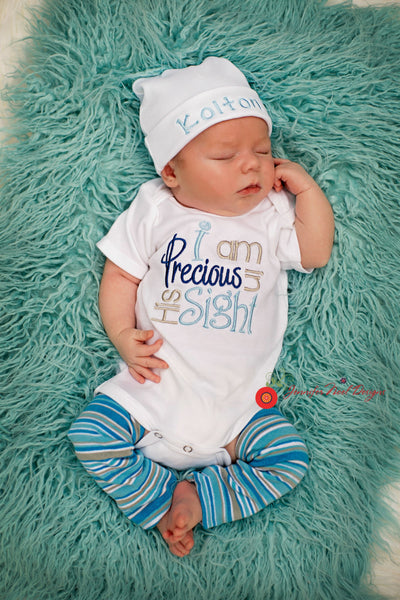 Personalized Boys Coming Home Oufit, Take Home From Hospital Outfit, Newborn Layette Gown, or one piece, Hat and legwarmer Set