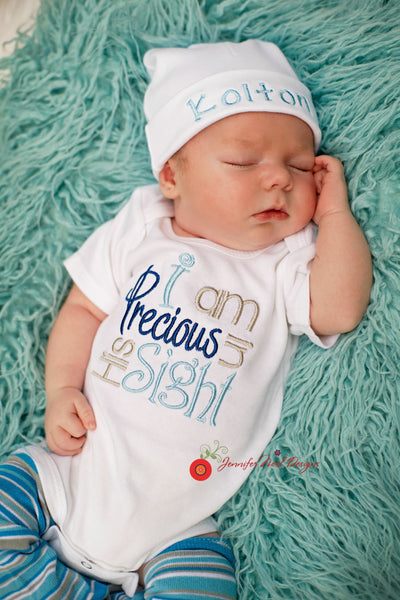 Personalized Boys Coming Home Oufit, Take Home From Hospital Outfit, Newborn Layette Gown, or one piece, Hat and legwarmer Set